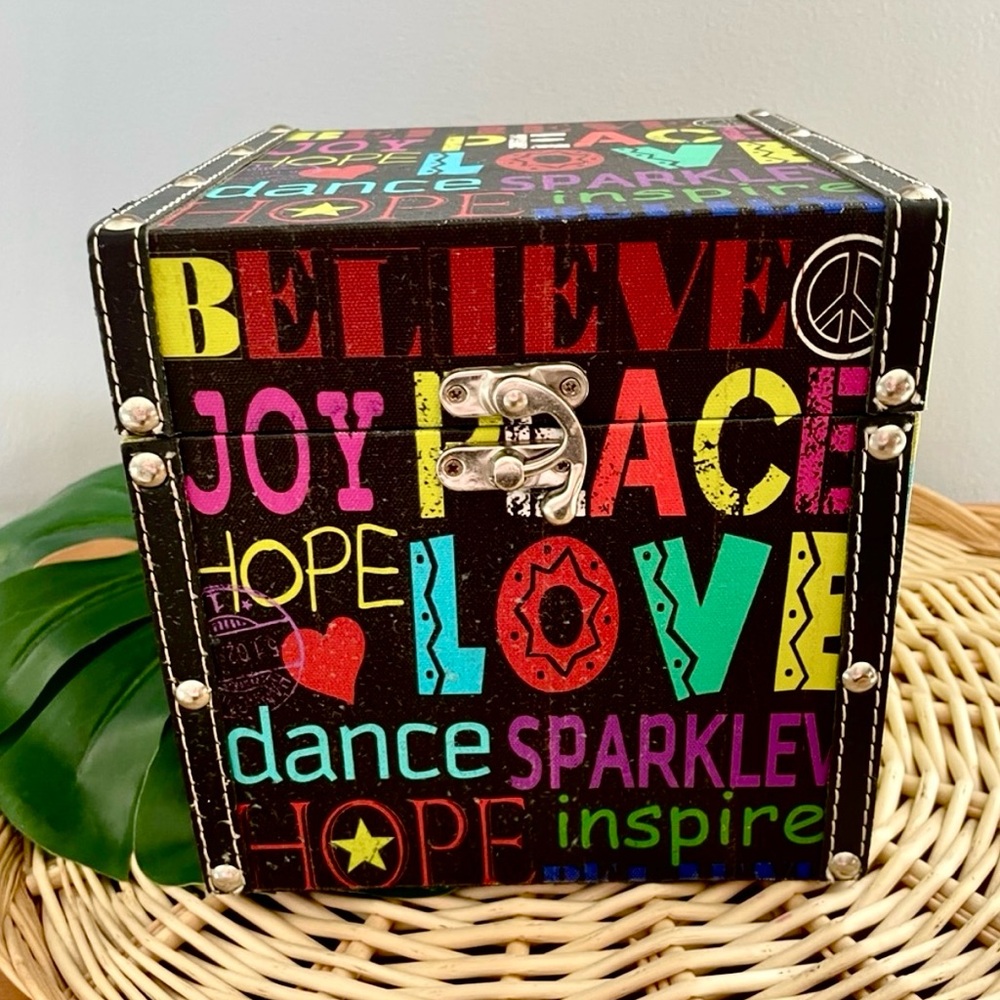 Hippie Multi-purpose decorative storage box colorful “BELIEVE", "JOY", "PEACE"